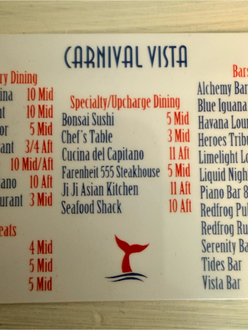 Carnival Vista Card / Cruise Deck Locator Card - White w Blue & Red font